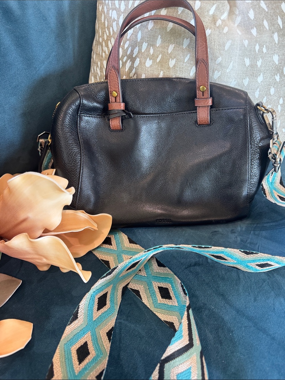 Black Leather Satchel with Detachable Patterned Strap